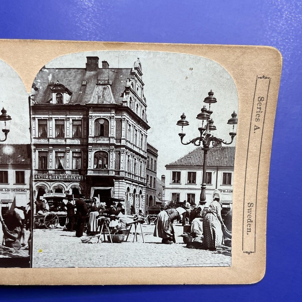 Antique Stereoview Card Johnson Sweden City Market People Gathering Buildings